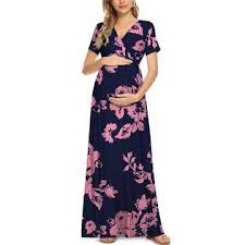 🆕Xpenyo XL Maternity Navy Blue and Pink Short Sleeved Ruched Floral Maxi Dress